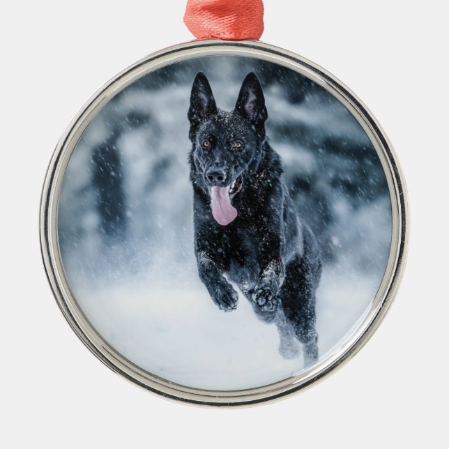 Black German Shepherd in snow Duvet Cover Metal Tree Decoration (Front)