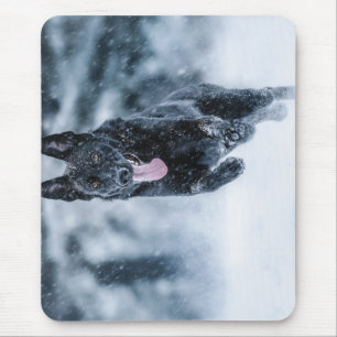 Black German Shepherd in snow Duvet Cover Mouse Mat