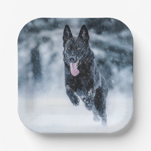 Black German Shepherd in snow Duvet Cover Paper Plate (Front)