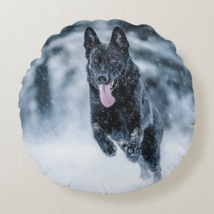 Black German Shepherd in snow Duvet Cover Round Cushion