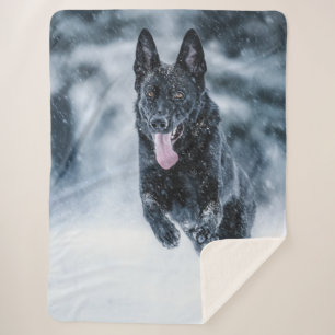 Black German Shepherd in snow Duvet Cover Sherpa Blanket
