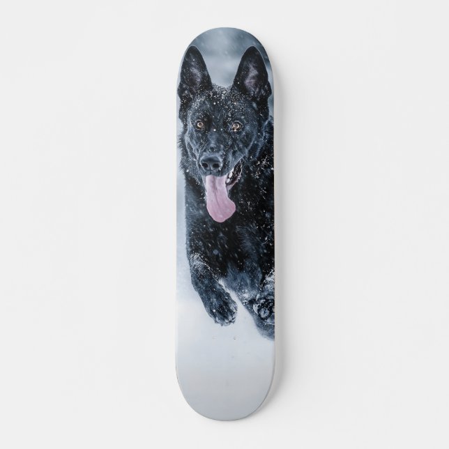 Black German Shepherd in snow Duvet Cover Skateboard (Front)