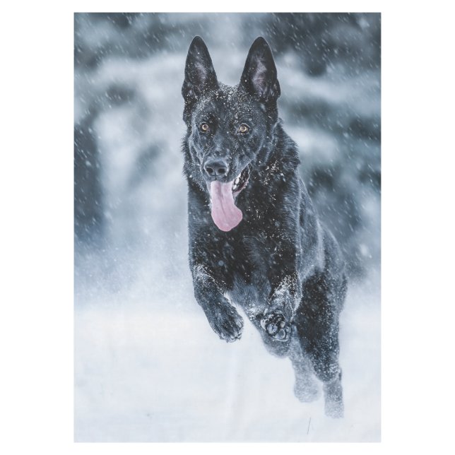 Black German Shepherd in snow Duvet Cover Tablecloth (Front)