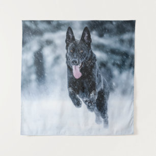 Black German Shepherd in snow Duvet Cover Tapestry