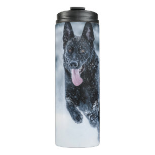 Black German Shepherd in snow Duvet Cover Thermal Tumbler