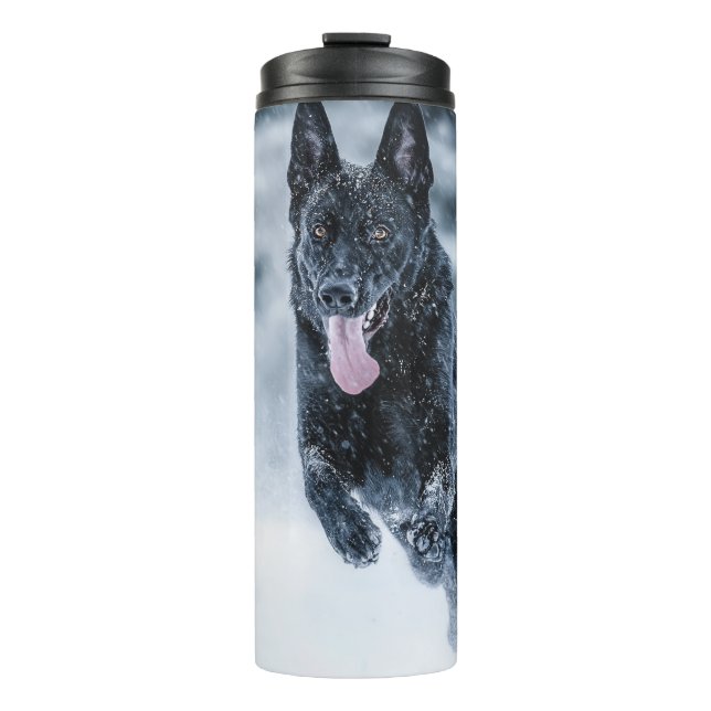 Black German Shepherd in snow Duvet Cover Thermal Tumbler (Front)