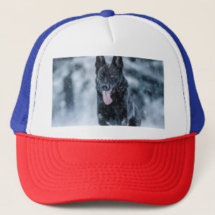 Black German Shepherd in snow Duvet Cover Trucker Hat