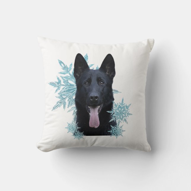 Black German Shepherd in the Snowflakes Cushion (Front)