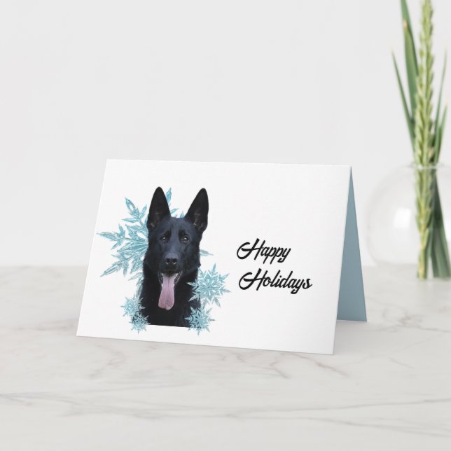 Black German Shepherd in the Snowflakes   Holiday Card (Front)