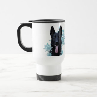 Black German Shepherd in the Snowflakes Travel Mug