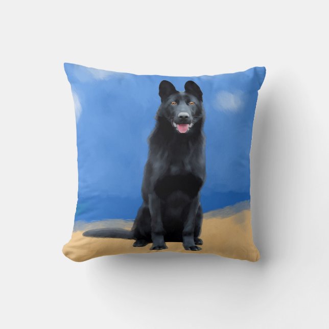Black German Shepherd On Beach Cushion (Front)