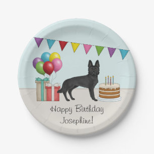 Black German Shepherd With Cake Colourful Birthday Paper Plate
