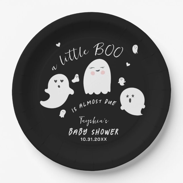Black Ghost Little Boo Halloween Baby Shower Paper Plate (Front)
