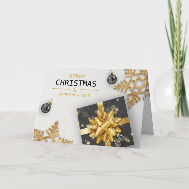 Black Gift Box Christmas Balls Gold Snowflakes Card (Front)