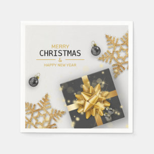 Black Gift Box Christmas Balls Gold Snowflakes Napkin