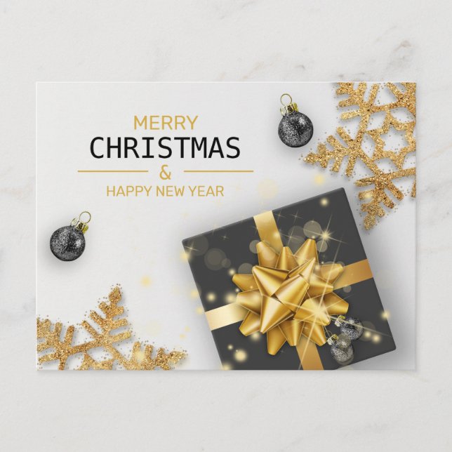 Black Gift Box Gold Snowflakes Christmas Balls Holiday Postcard (Front)