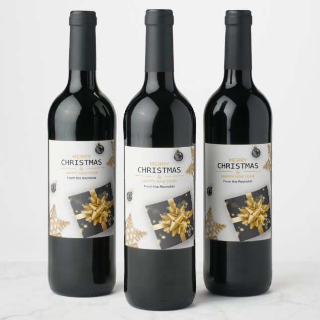 Black Gift Box Gold Snowflakes Christmas Balls Wine Label (Bottles)