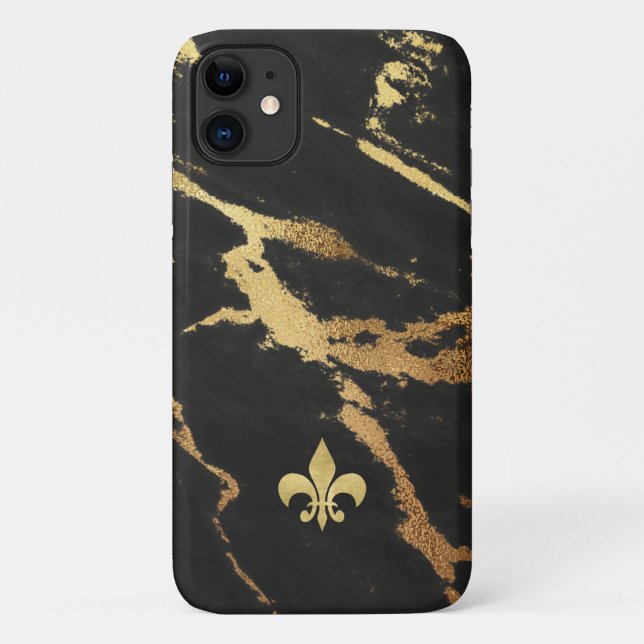 Black Gilded Marble with Fleur de lis Case-Mate iPhone Case (Back)