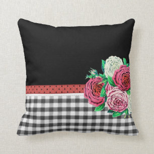Black Gingham and flowers Cushion