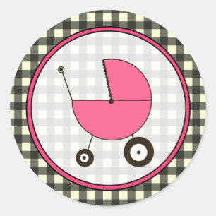 Black Gingham and Pink Baby Carriage Sticker