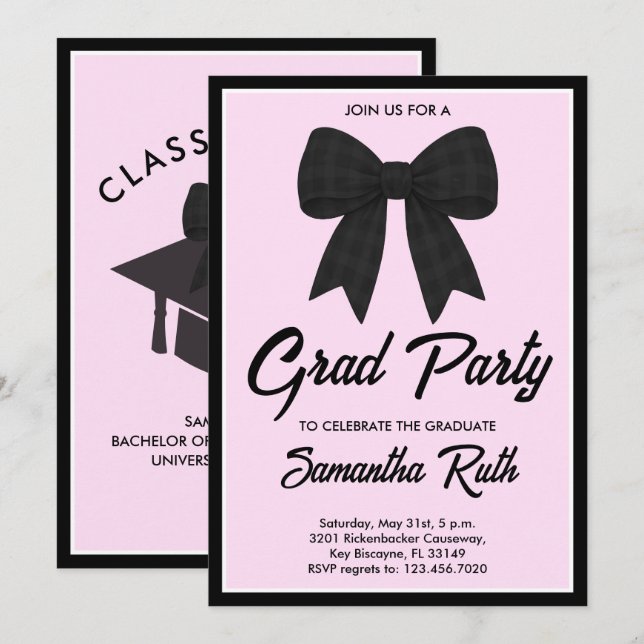 Black Gingham Bow Graduation Party Invitation (Front/Back)