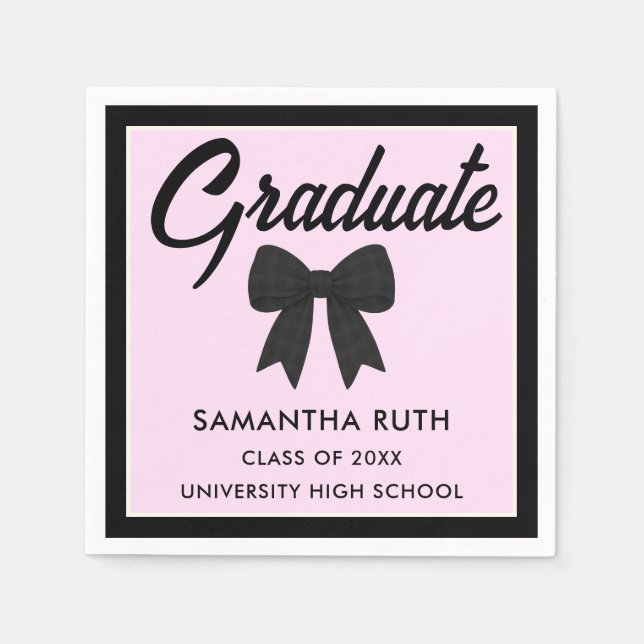 Black Gingham Bow Graduation Party Napkin (Front)