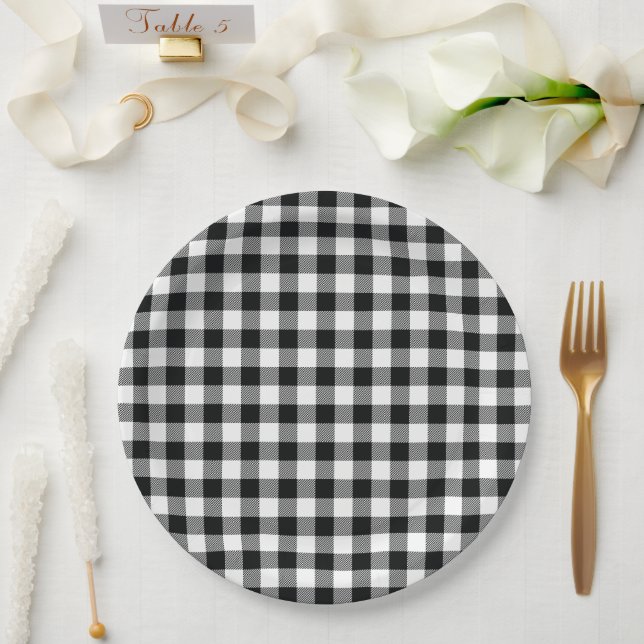 Black Gingham Check Pattern Holiday Paper Plates (Wedding)