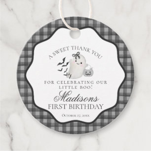 Black Gingham Cute Boo Ghost Birthday Party Circle Favour Tags