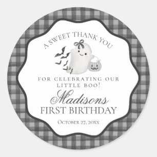 Black Gingham Cute Boo Ghost Birthday Party Favor Classic Round Sticker