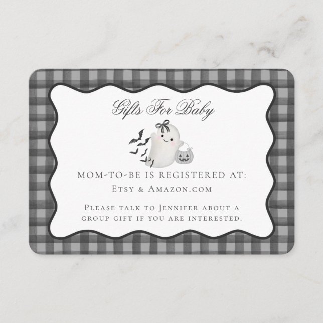 Black Gingham Cute Ghost Registry Card Insert (Front)