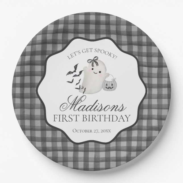 Black Gingham Cute Little Boo Ghost Birthday Party Paper Plate (Front)
