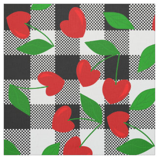black gingham Heart Shape Cherry rockabilly Fabric