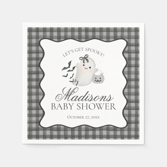 Black Gingham Little Boo Ghost Baby Shower Dessert Napkin (Front)