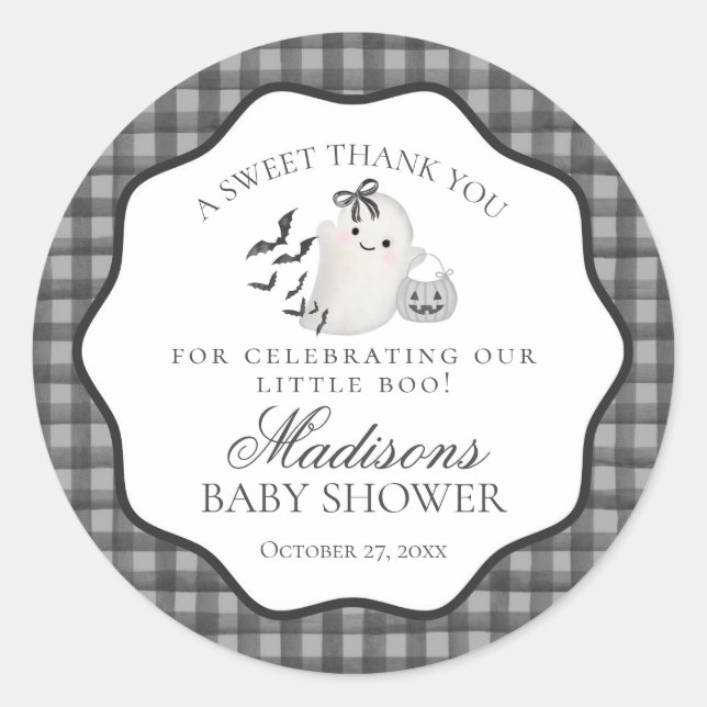 Black Gingham Little Boo Ghost Baby Shower Favour Classic Round Sticker (Front)