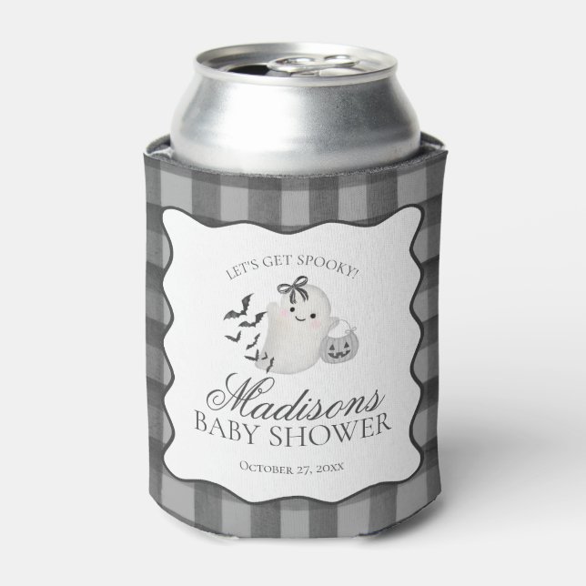 Black Gingham Little Boo Ghost Baby Shower Favours Can Cooler (Can Front)