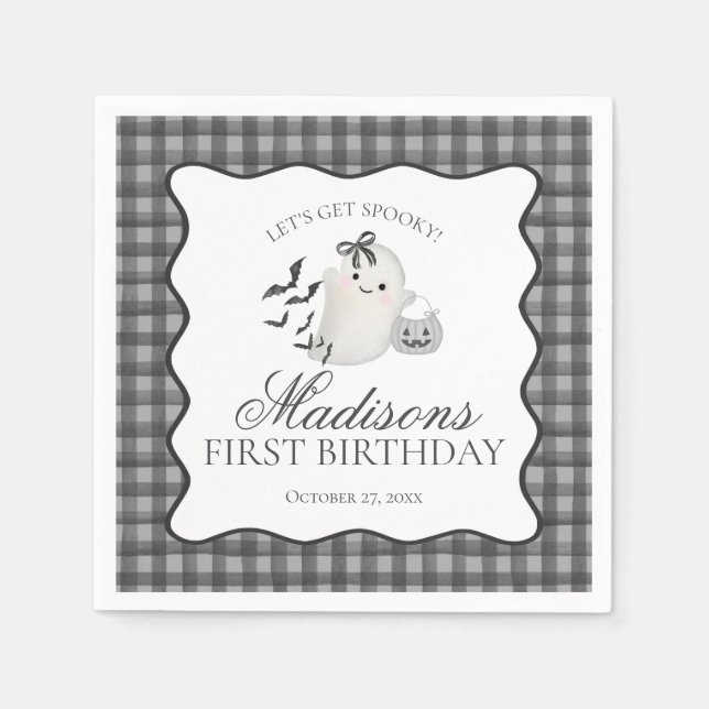 Black Gingham Little Boo Ghost Birthday Dessert Napkin (Front)