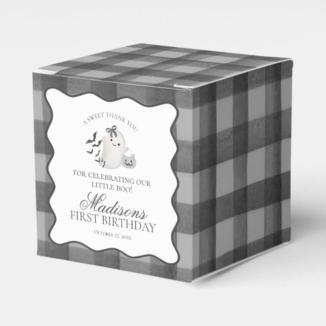 Black Gingham Little Boo Ghost Birthday Gable Favour Box (Front Side)
