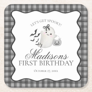 Black Gingham Little Boo Ghost Birthday Party Bar Square Paper Coaster