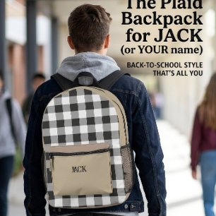 Black Gingham Plaid and Khaki Beige Monogram Printed Backpack
