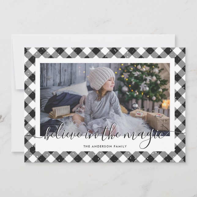 Black Gingham Plaid Believe In the Magic Photo Holiday Card (Front)