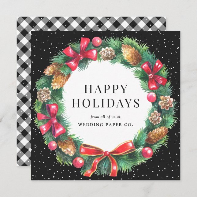 Black Gingham Plaid Christmas Wreath Business Holiday Card (Front/Back)
