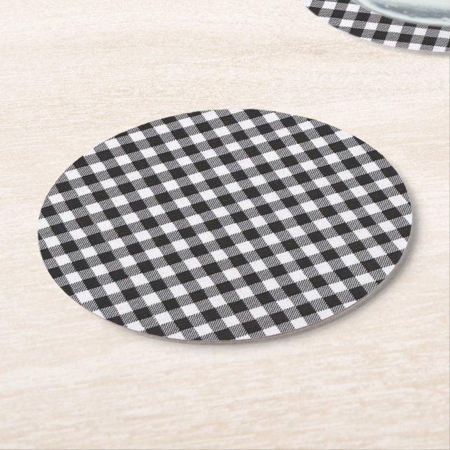 Black Gingham Round Paper Coaster (Angled)