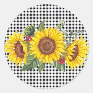 Black Gingham Sunflower Party Favour  Classic Round Sticker