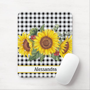 Black Gingham Sunflower Personalised  Mouse Mat