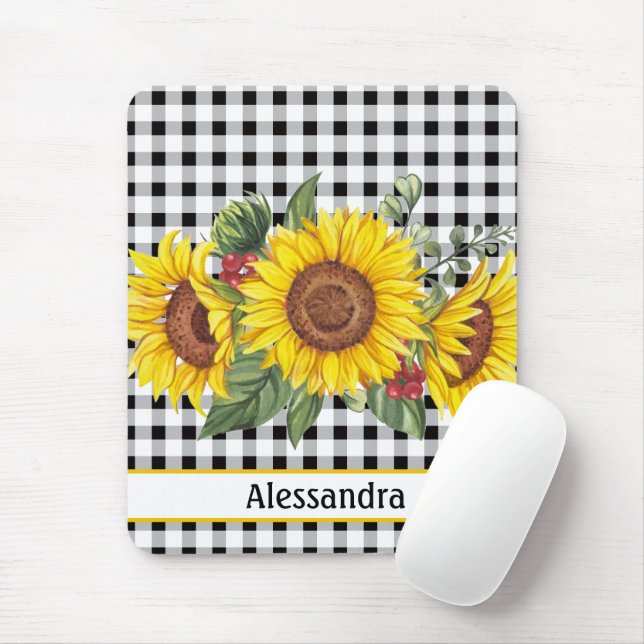 Black Gingham Sunflower Personalised  Mouse Mat (With Mouse)