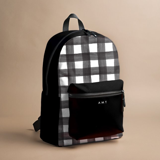 Black Gingham Watercolor Personalised Name Initial Printed Backpack (Black and white watercolor gingham personalized school backpack.)