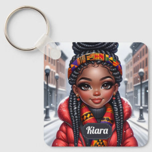 Black girl African American with Braids Key Ring