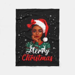 Black Girl Afro Santa Hat Merry Christmas African Fleece Blanket