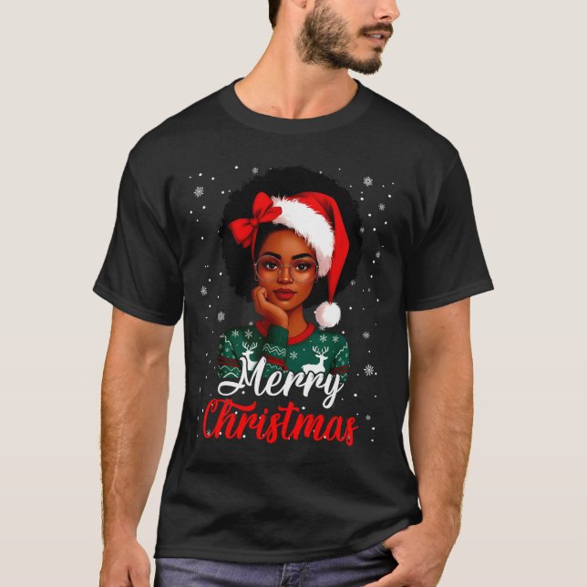 Black Girl Afro Santa Hat Merry Christmas African  T-Shirt (Front)