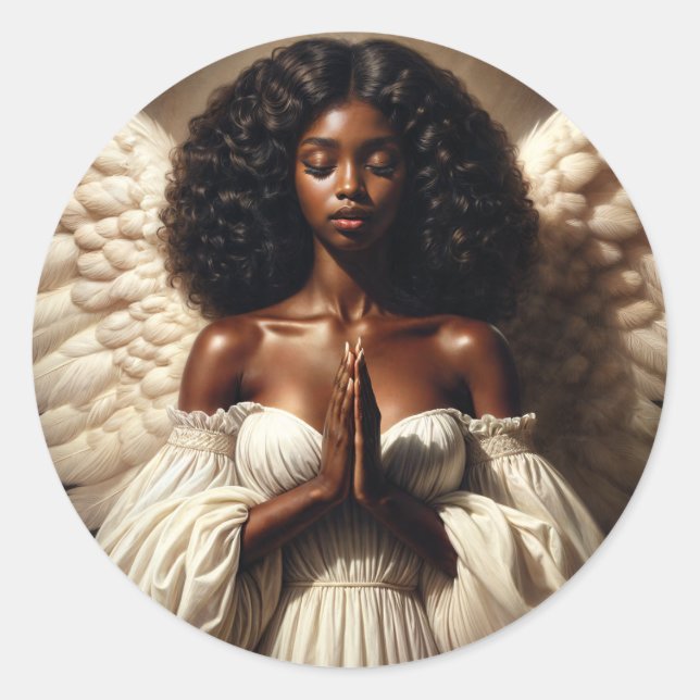 Black Girl Angel Praying Magnet Classic Round Sticker (Front)